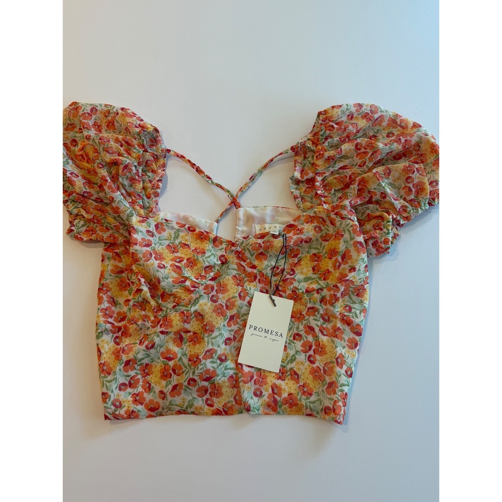 Promesa Floral Puff Sleeve Crop Top Sweetheart Neck Open Back S New - Picture 3 of 7